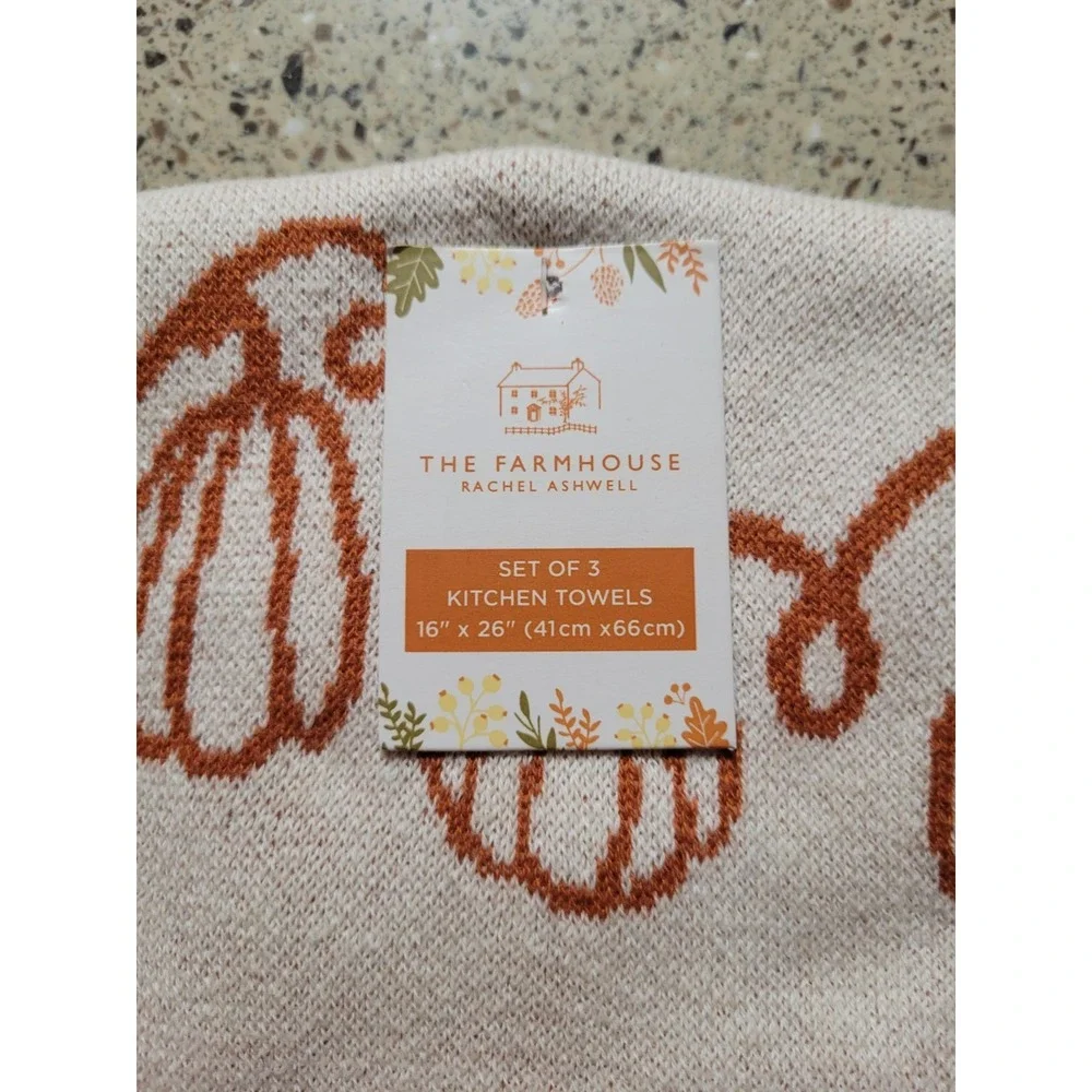 Rachel Ashwell The Farmhouse Set Of 3 Soft Kitchen Towels Pumpkin, Chunky Knit